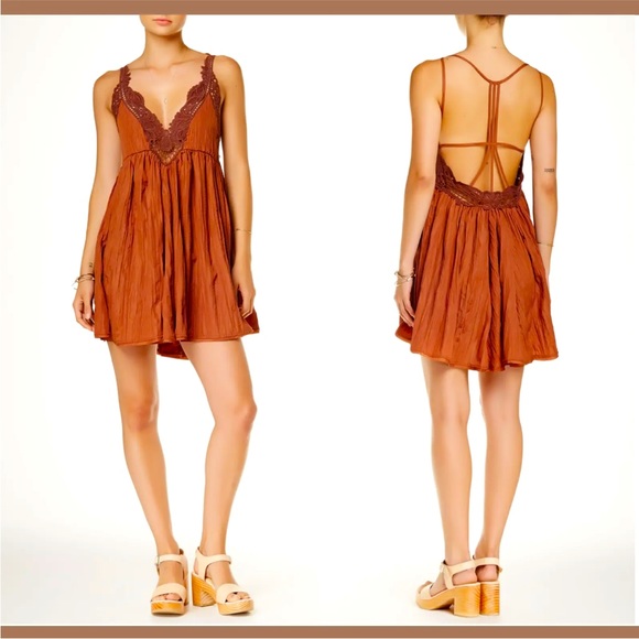 SALE Free People Breathless Mini Slip Dress Boho Copper Rust Color Size S - Picture 1 of 10